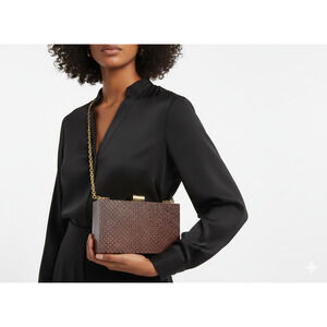 Beautiful Ramla Handmade Wooden Shoulder Bag Gold Chain Strap Siena Brown Gold